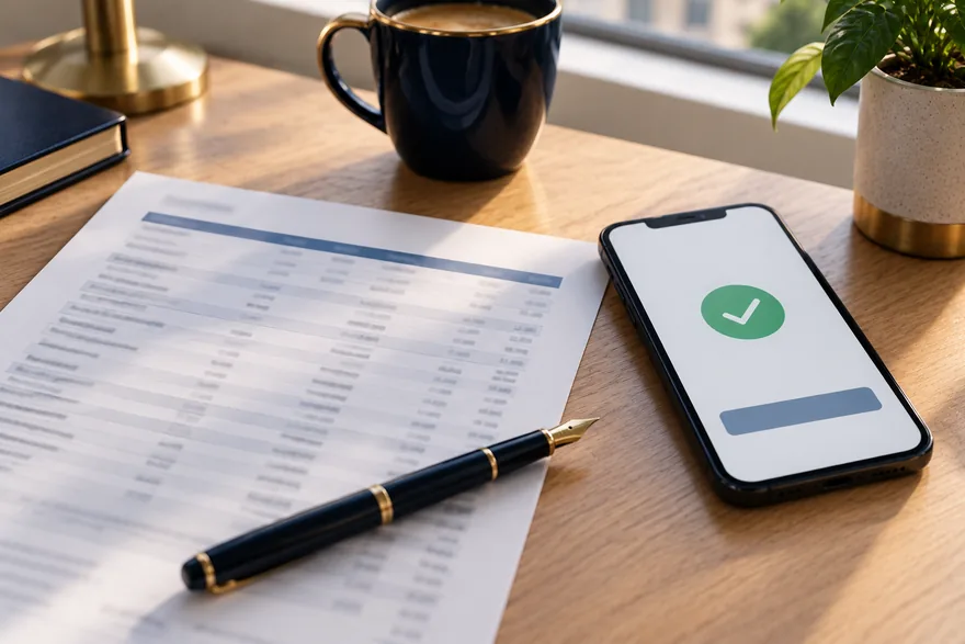 A bank statement, a phone showing an open banking confirmation and a pen on a desk