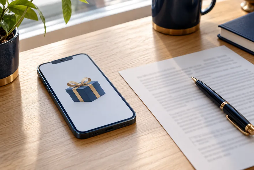 A phone showing a bonus offer, a printed terms sheet and a pen marking a line