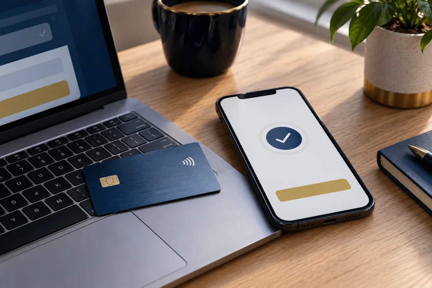 A debit card lying on a keyboard beside a phone showing a card payment screen