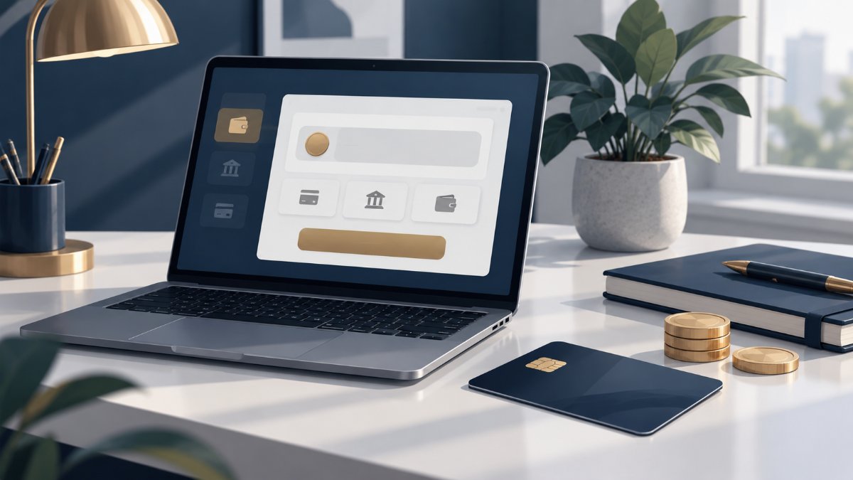 A laptop with an open cashier page, a bank card and pound coins on a desk