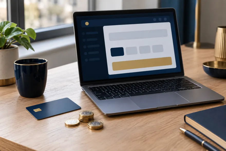 A laptop showing an online cashier, a debit card and pound coins on a desk by a window
