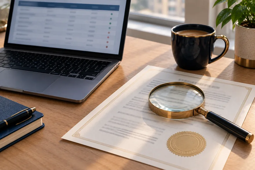 A laptop open on a public register page, a magnifier and a printed licence record