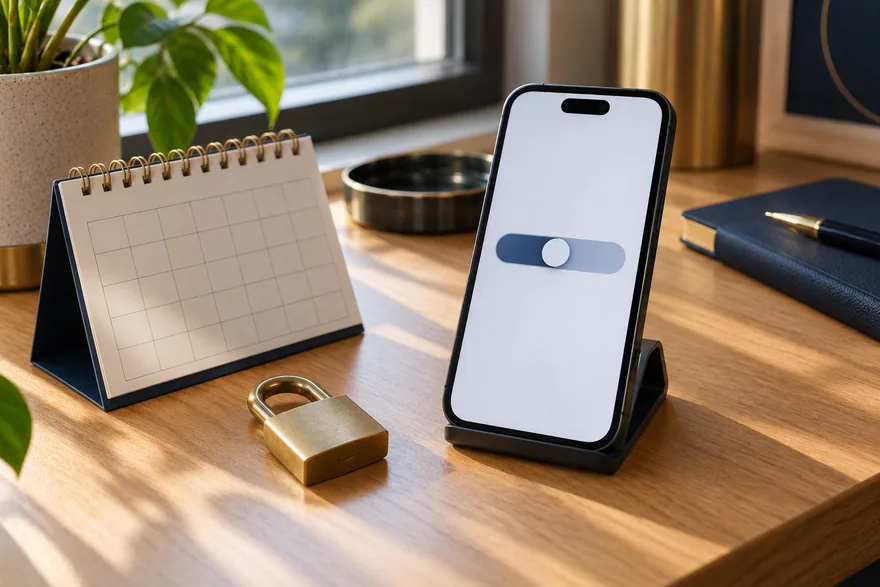A phone showing a deposit limit slider, a paper calendar and a closed padlock