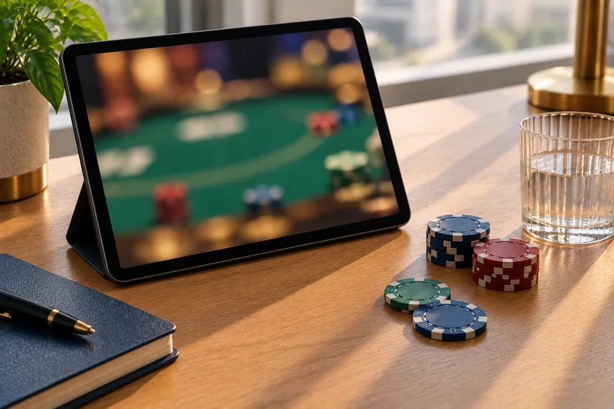 A tablet showing a live dealer table from the player side, with chips and a glass beside it
