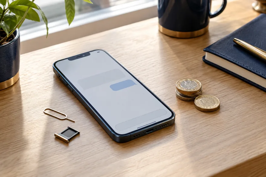 A smartphone on a table with a billing message on screen and a SIM tray tool beside it
