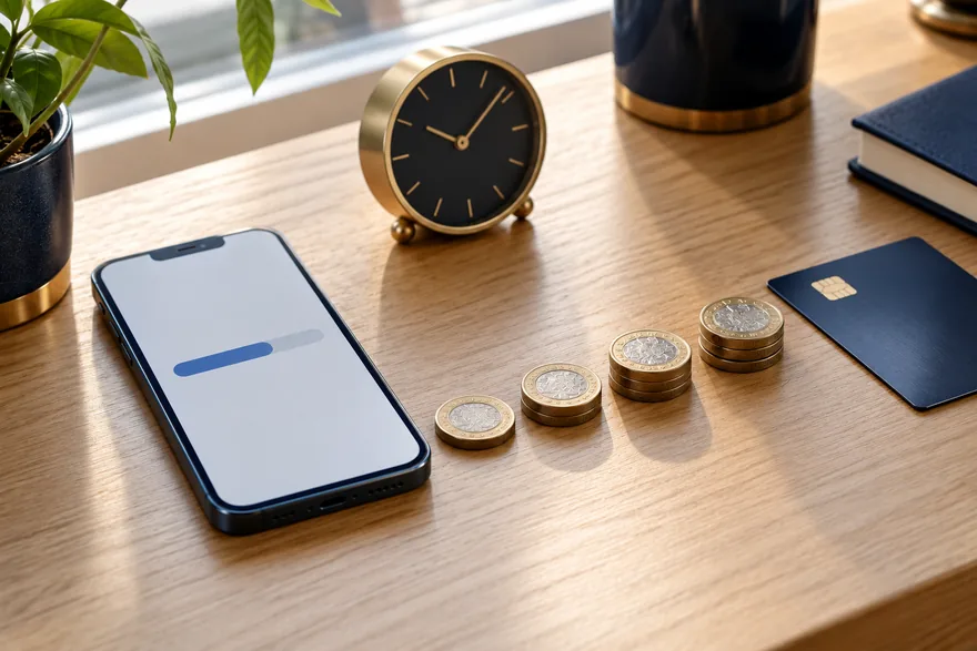A phone showing a payout request, a clock and a stack of coins moving towards a bank card