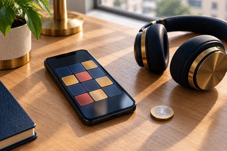 A phone showing an abstract reel grid, a coin and a pair of headphones on a desk