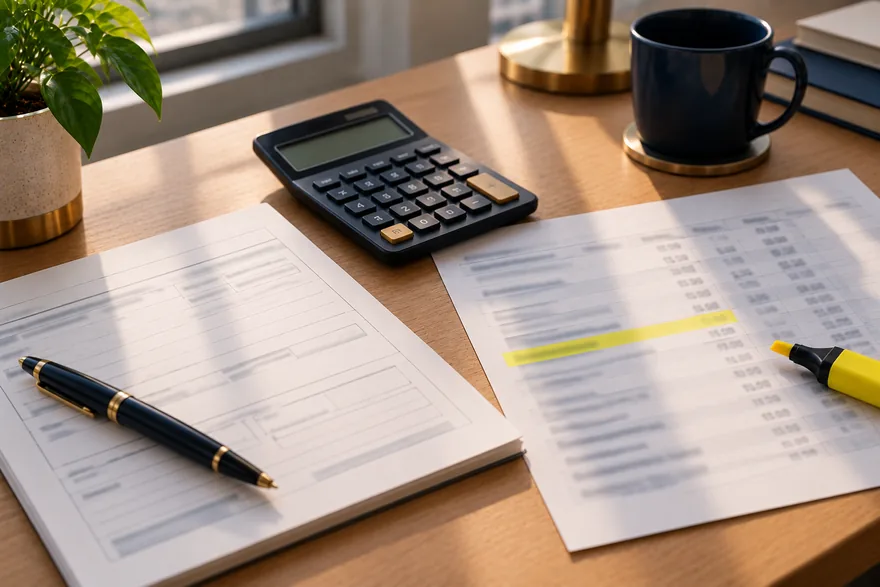 A tax form, a calculator and a bank statement with a highlighted line on a desk
