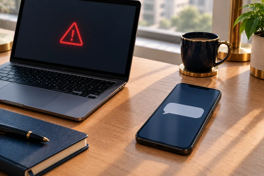 A laptop showing a declined payment message, a phone with a support chat and a notebook