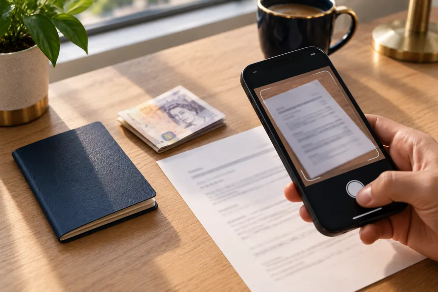 A passport, a utility bill and a phone camera photographing a document on a table