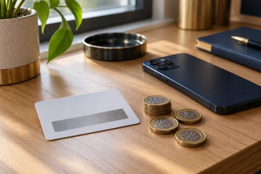 A prepaid voucher slip with a scratch panel, a phone and loose change on a counter
