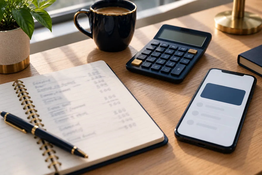 A notepad with a turnover calculation, a calculator and a phone showing a balance