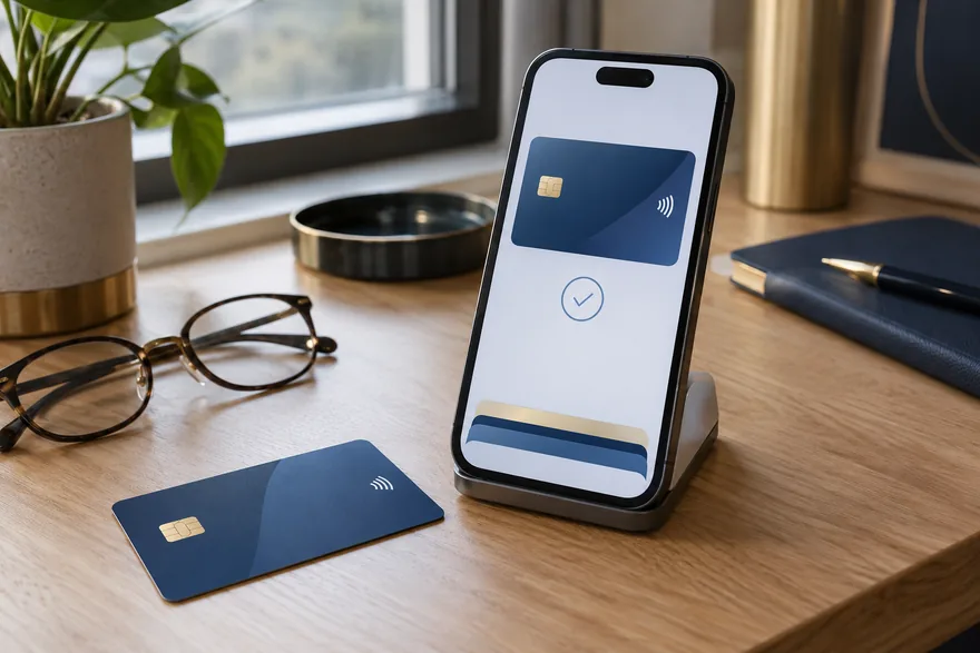 A phone held in one hand with a wallet payment sheet open, a card on the table behind it